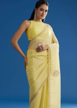 Lemon Yellow Crushed Tissue Saree With Embroidered Scallop Border