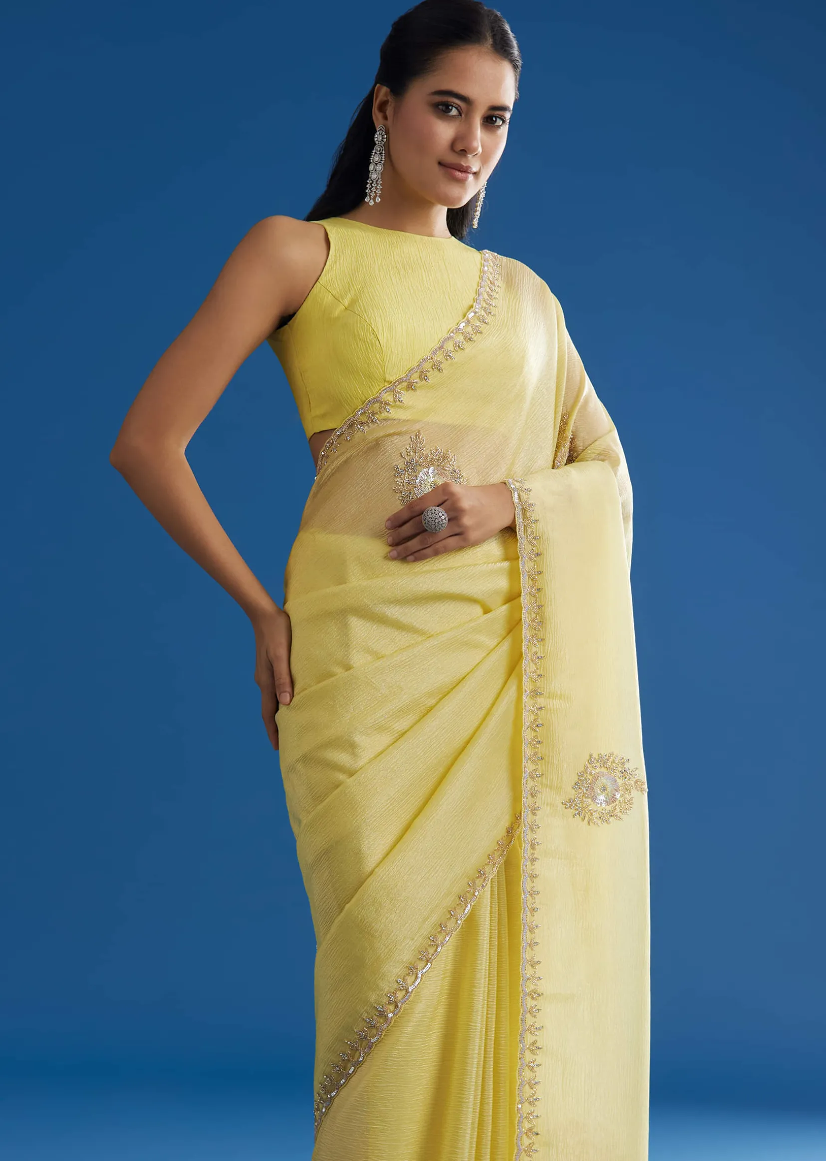 Lemon Yellow Crushed Tissue Saree With Embroidered Scallop Border
