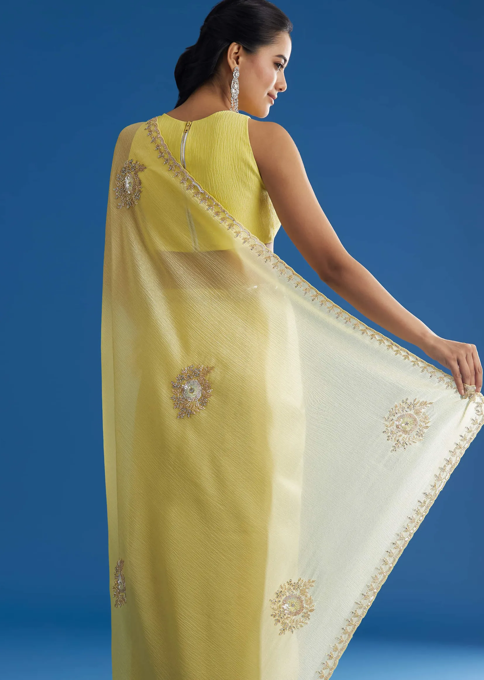 Lemon Yellow Crushed Tissue Saree With Embroidered Scallop Border