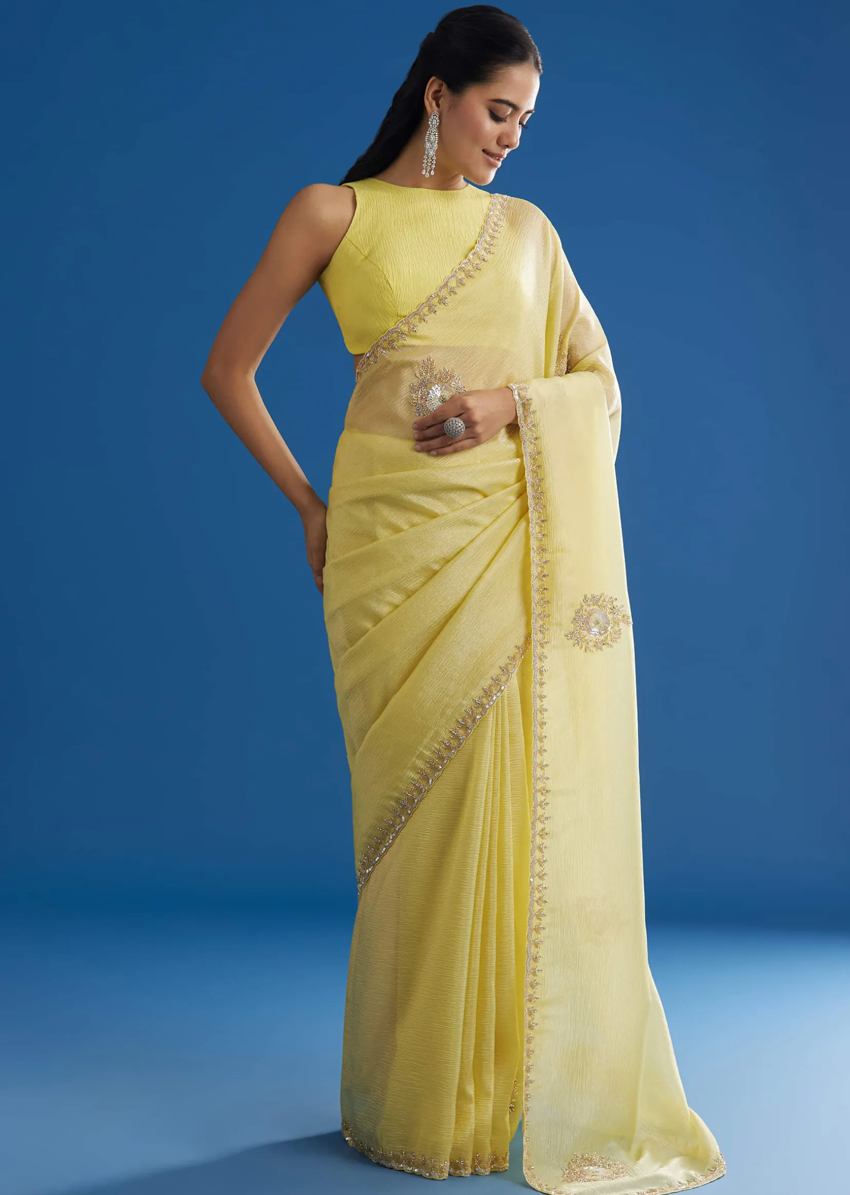 Lemon Yellow Crushed Tissue Saree With Embroidered Scallop Border