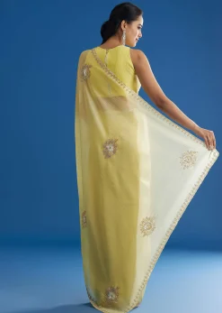 Lemon Yellow Crushed Tissue Saree With Embroidered Scallop Border