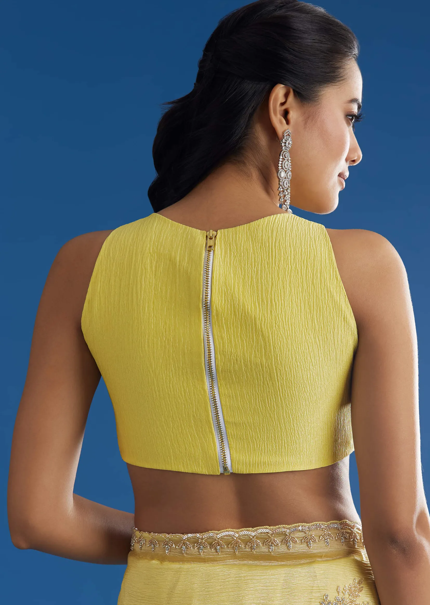 Lemon Yellow Crushed Tissue Saree With Embroidered Scallop Border