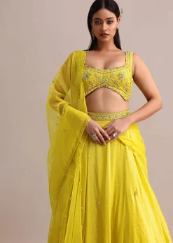 Lemon Yellow Embroidered Lehenga Set With Organza Dupatta