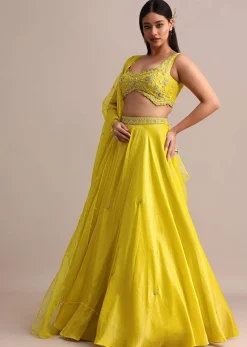 Lemon Yellow Embroidered Lehenga Set With Organza Dupatta