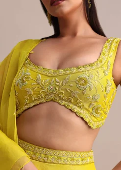 Lemon Yellow Embroidered Lehenga Set With Organza Dupatta