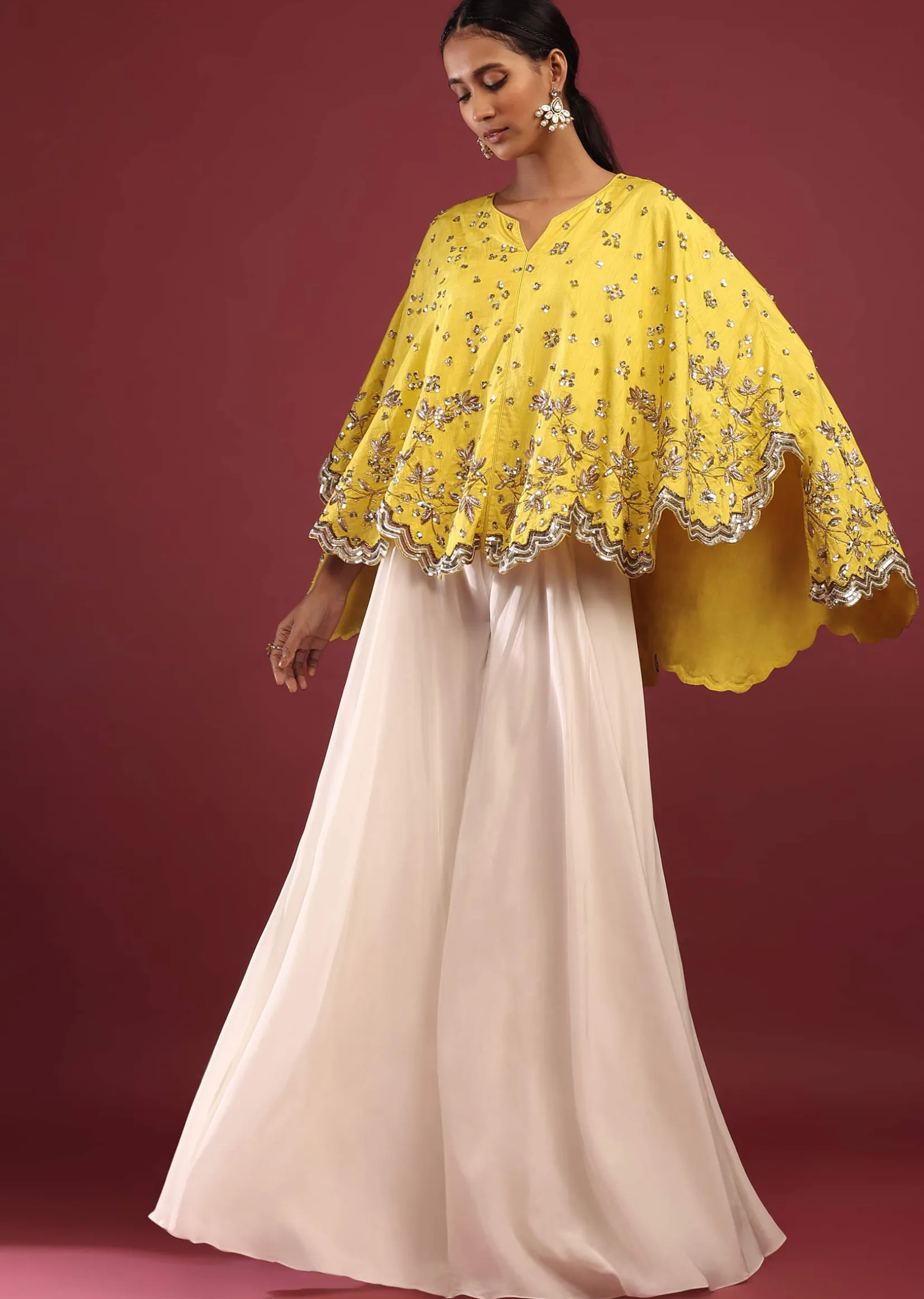 Lemon Yellow High Low Cape And White Palazzo Suit With Sequins And Zardosi Flowers