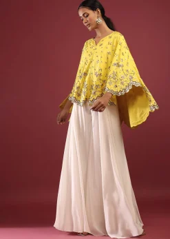 Lemon Yellow High Low Cape And White Palazzo Suit With Sequins And Zardosi Flowers