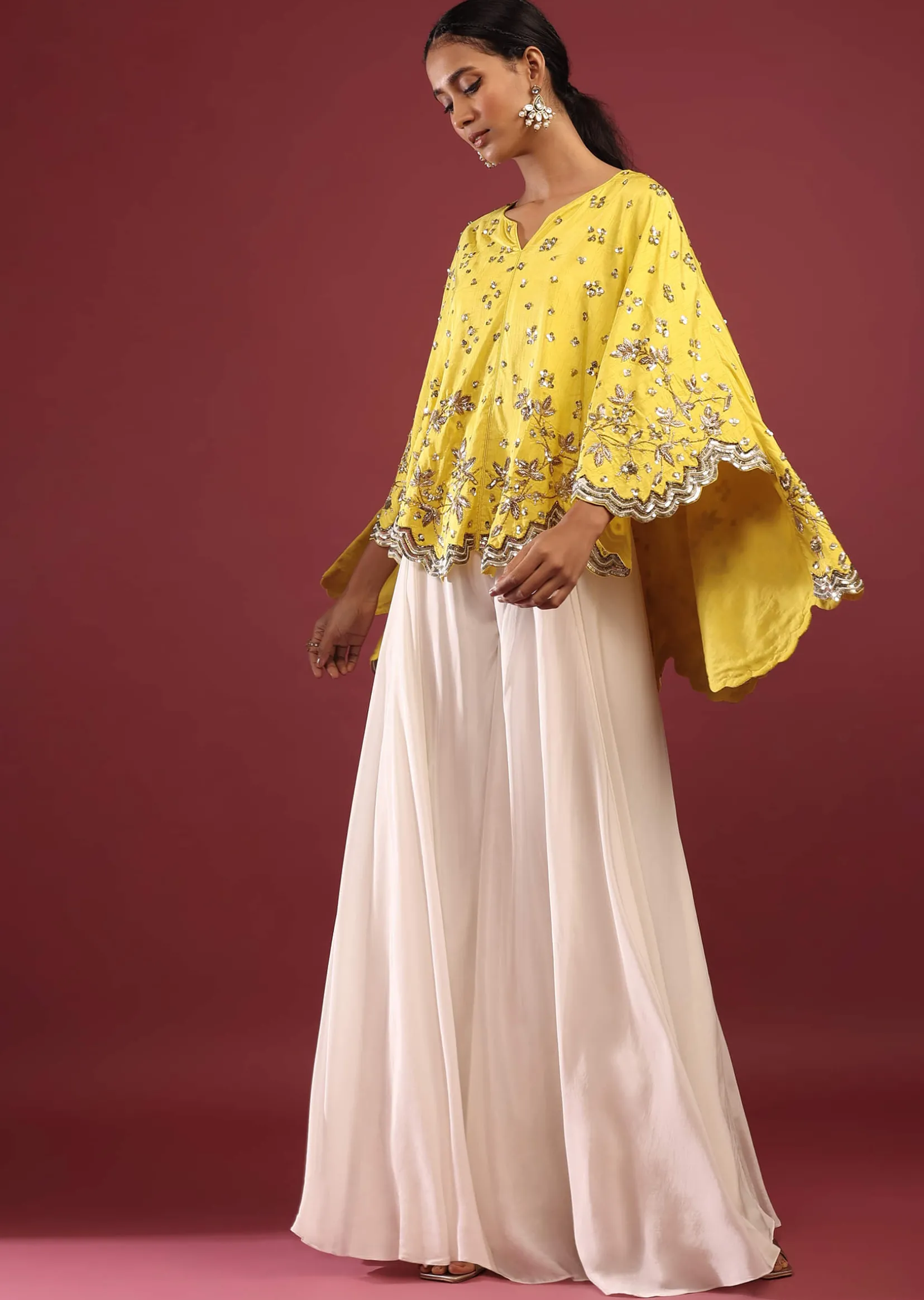 Lemon Yellow High Low Cape And White Palazzo Suit With Sequins And Zardosi Flowers