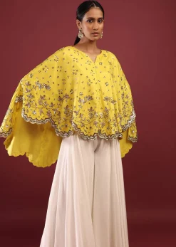 Lemon Yellow High Low Cape And White Palazzo Suit With Sequins And Zardosi Flowers