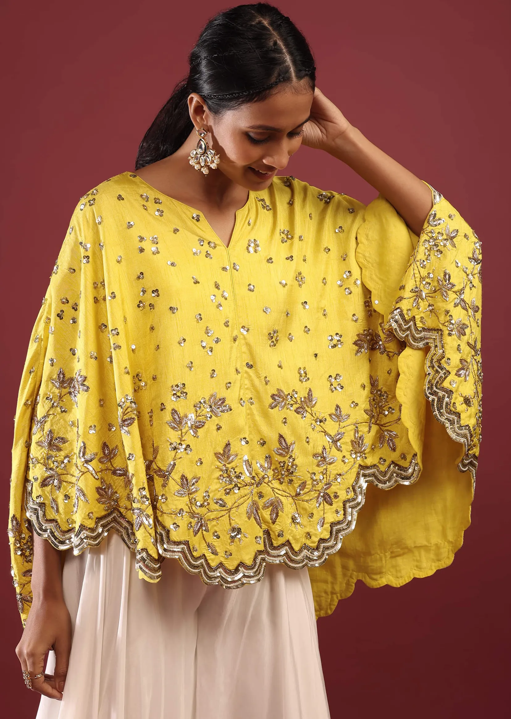 Lemon Yellow High Low Cape And White Palazzo Suit With Sequins And Zardosi Flowers