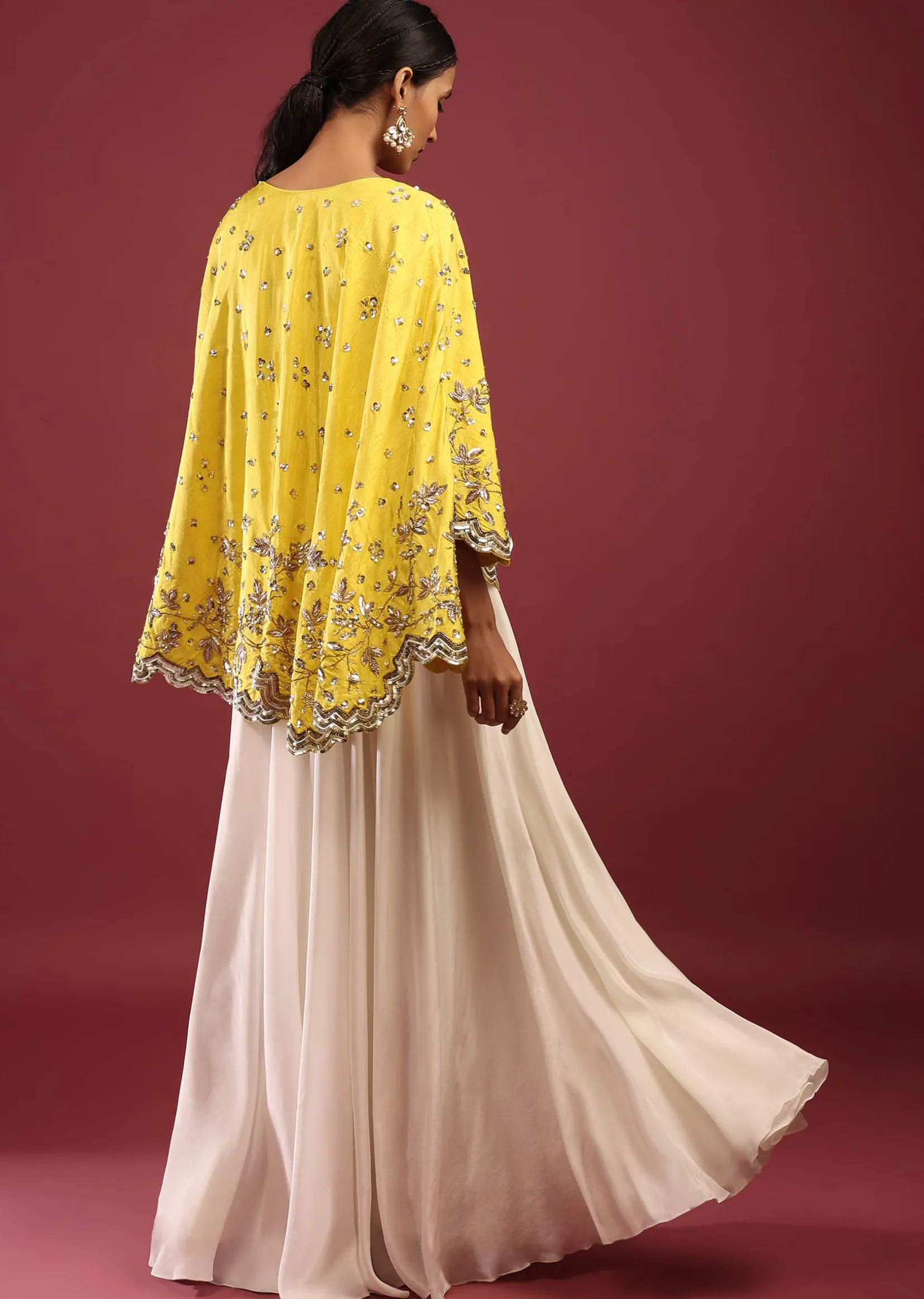 Lemon Yellow High Low Cape And White Palazzo Suit With Sequins And Zardosi Flowers