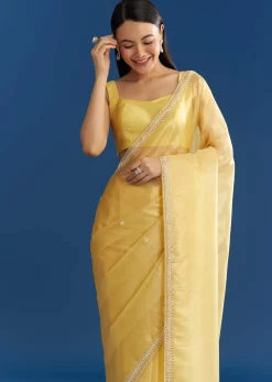 Lemon Yellow Organza Tissue Saree With Beaded Border