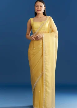 Lemon Yellow Organza Tissue Saree With Beaded Border