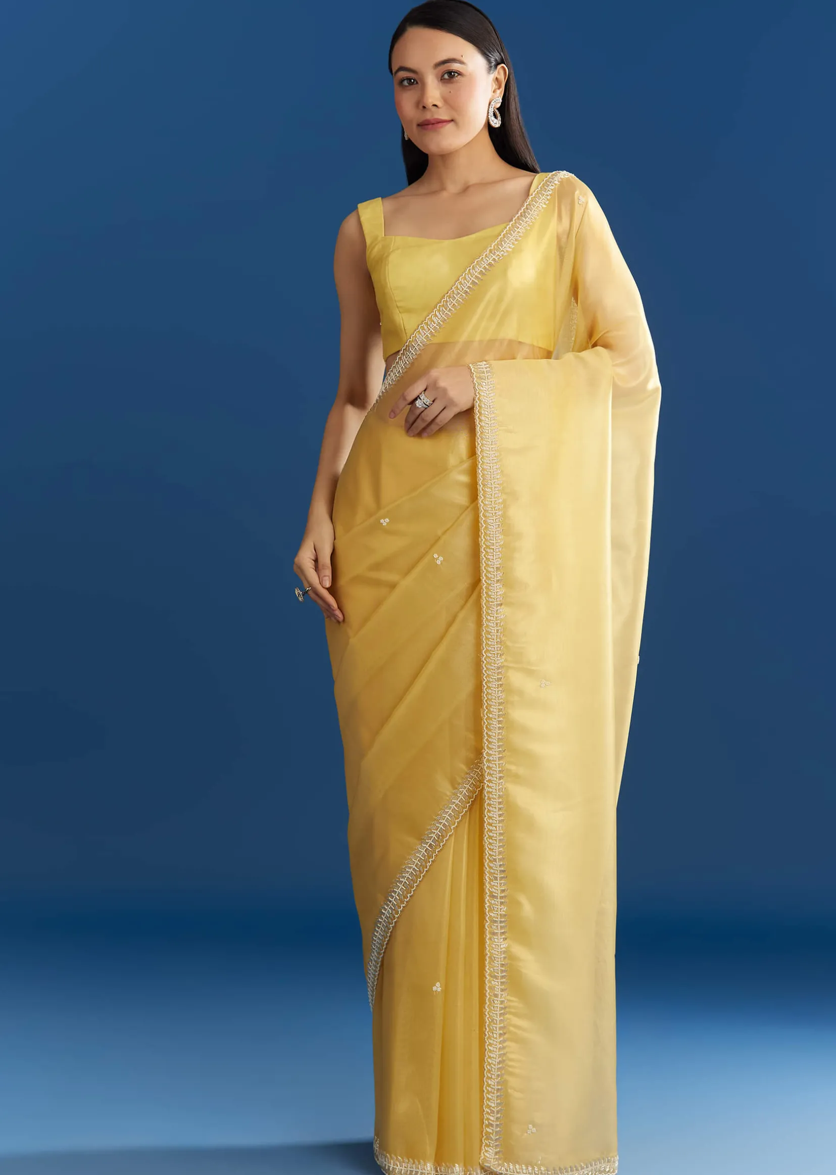 Lemon Yellow Organza Tissue Saree With Beaded Border