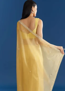 Lemon Yellow Organza Tissue Saree With Beaded Border