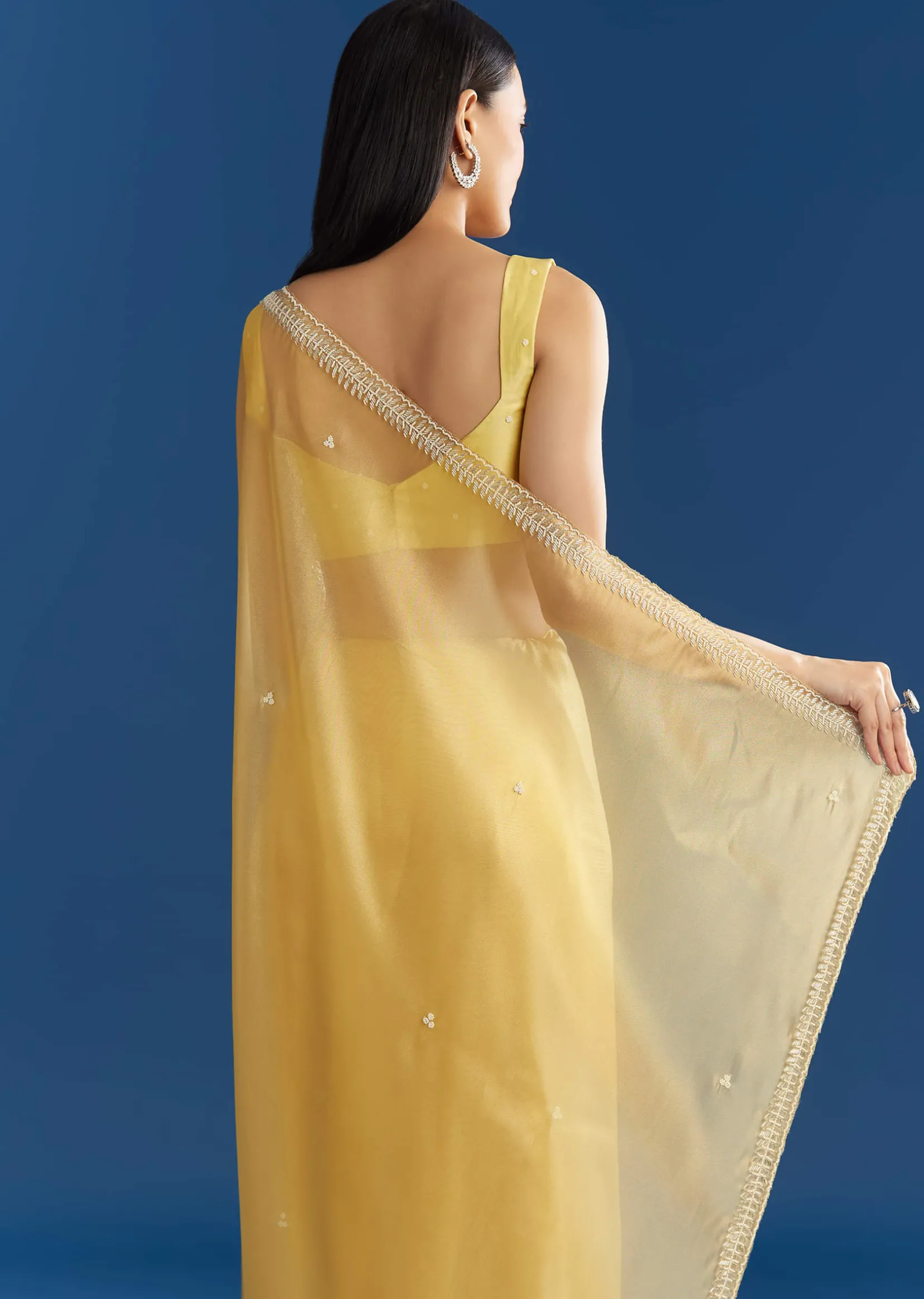 Lemon Yellow Organza Tissue Saree With Beaded Border