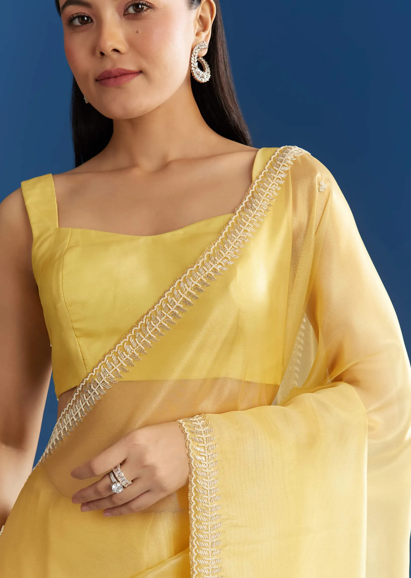 Lemon Yellow Organza Tissue Saree With Beaded Border