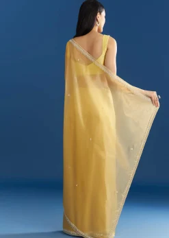 Lemon Yellow Organza Tissue Saree With Beaded Border