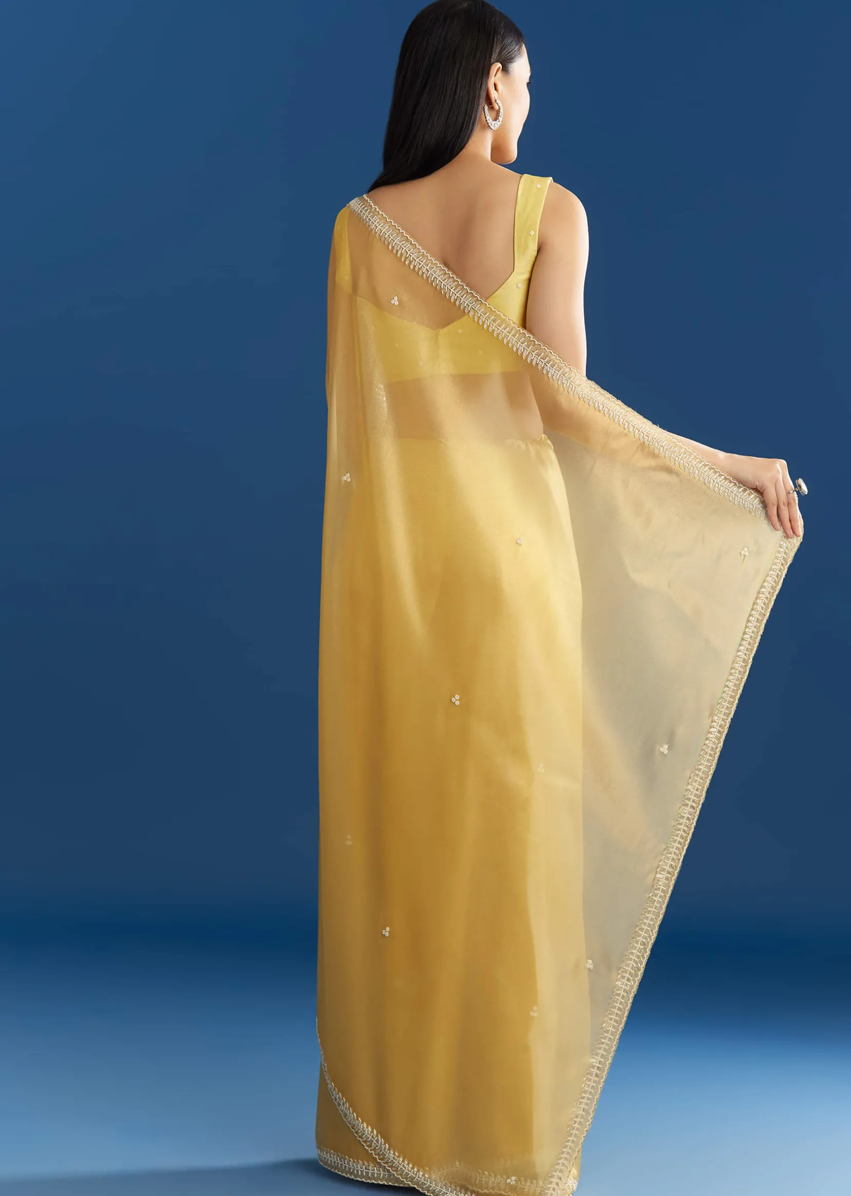 Lemon Yellow Organza Tissue Saree With Beaded Border
