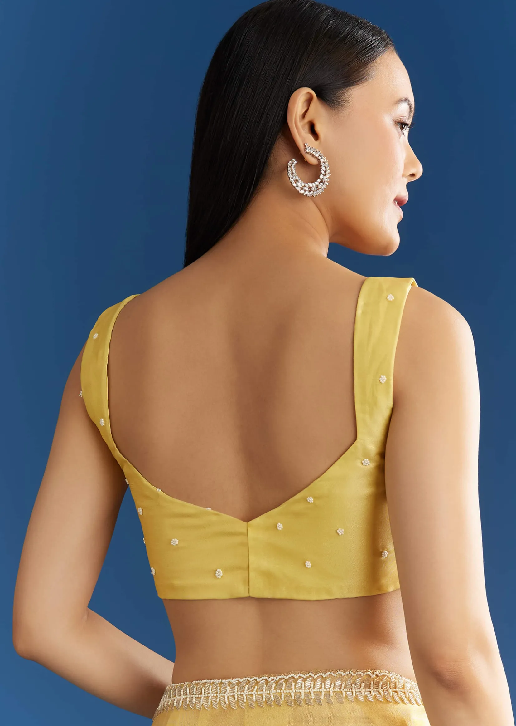 Lemon Yellow Organza Tissue Saree With Beaded Border