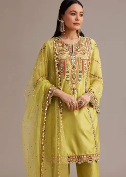 Lemon Yellow Silk Kurta Set With Mirror And Thread Work