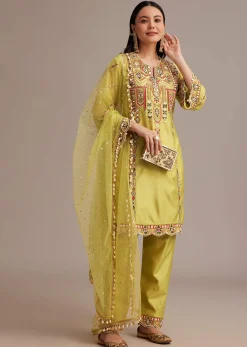 Lemon Yellow Silk Kurta Set With Mirror And Thread Work