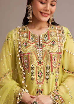Lemon Yellow Silk Kurta Set With Mirror And Thread Work