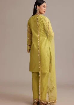 Lemon Yellow Silk Kurta Set With Mirror And Thread Work