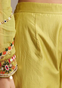 Lemon Yellow Silk Kurta Set With Mirror And Thread Work