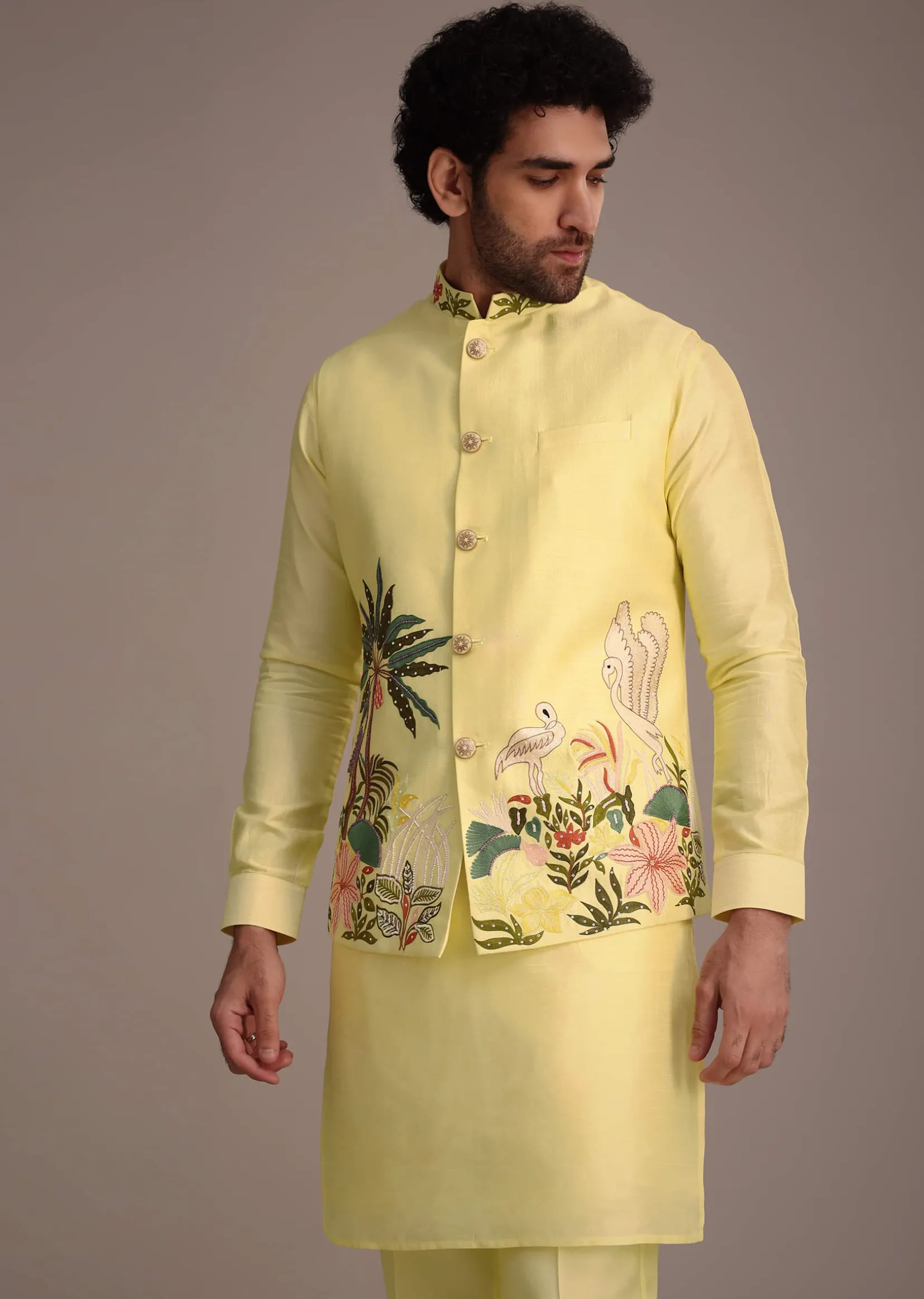 Lemon Yellow Silk Thread Work Kurta Jacket Set