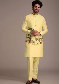 Lemon Yellow Silk Thread Work Kurta Jacket Set