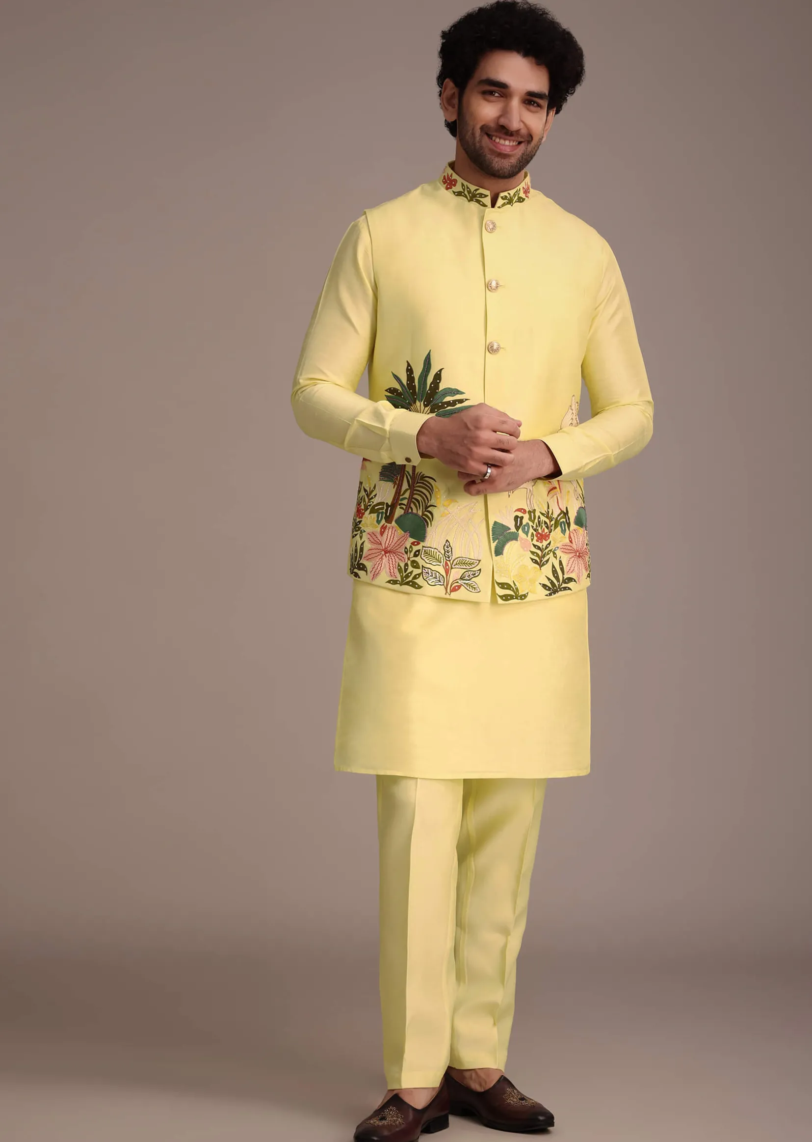Lemon Yellow Silk Thread Work Kurta Jacket Set
