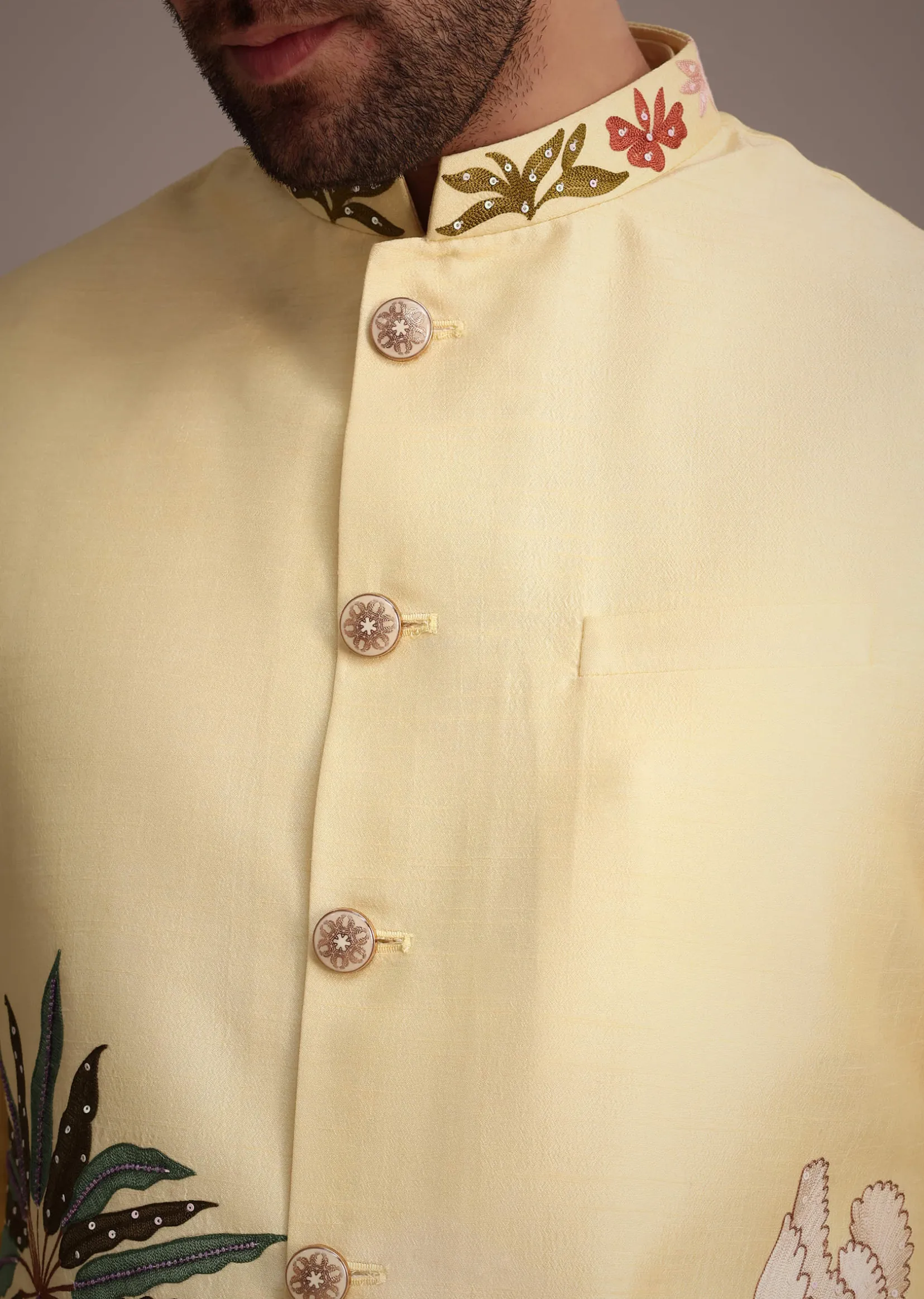 Lemon Yellow Silk Thread Work Kurta Jacket Set