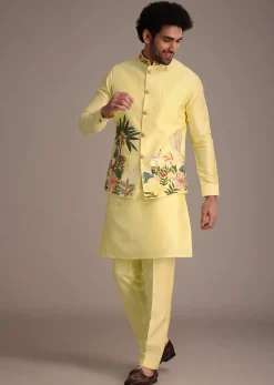 Lemon Yellow Silk Thread Work Kurta Jacket Set