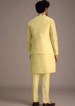 Lemon Yellow Silk Thread Work Kurta Jacket Set