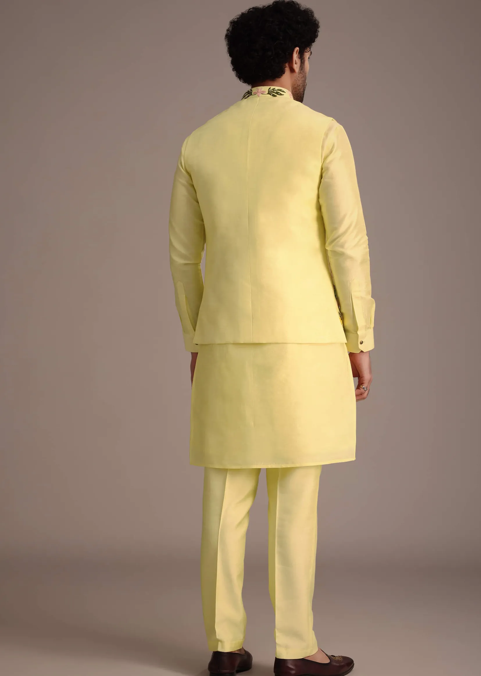 Lemon Yellow Silk Thread Work Kurta Jacket Set