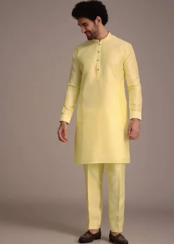 Lemon Yellow Silk Thread Work Kurta Jacket Set