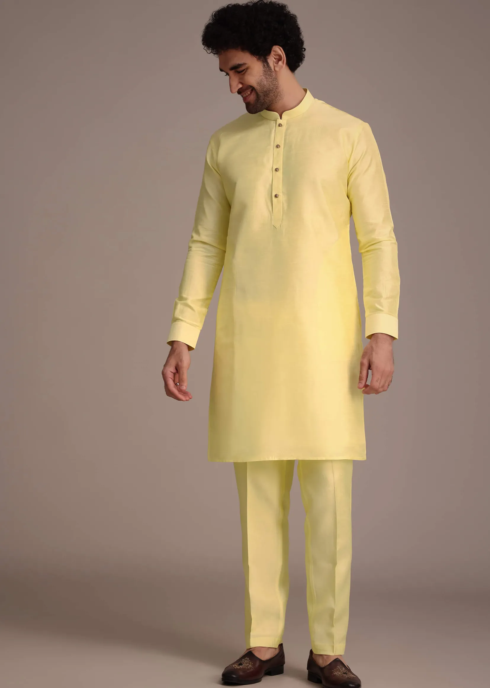 Lemon Yellow Silk Thread Work Kurta Jacket Set