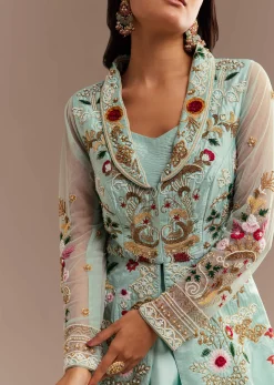 Light Aqua Blue Zardosi Embroidered Jacket Lehenga Set