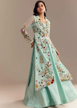Light Aqua Blue Zardosi Embroidered Jacket Lehenga Set