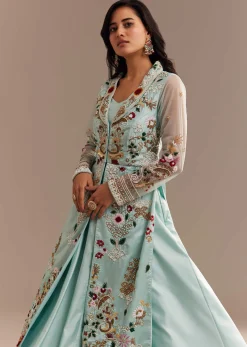 Light Aqua Blue Zardosi Embroidered Jacket Lehenga Set