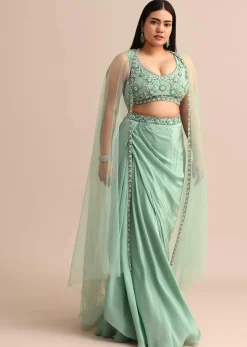 Light Aqua Draped Skirt With Net Cape