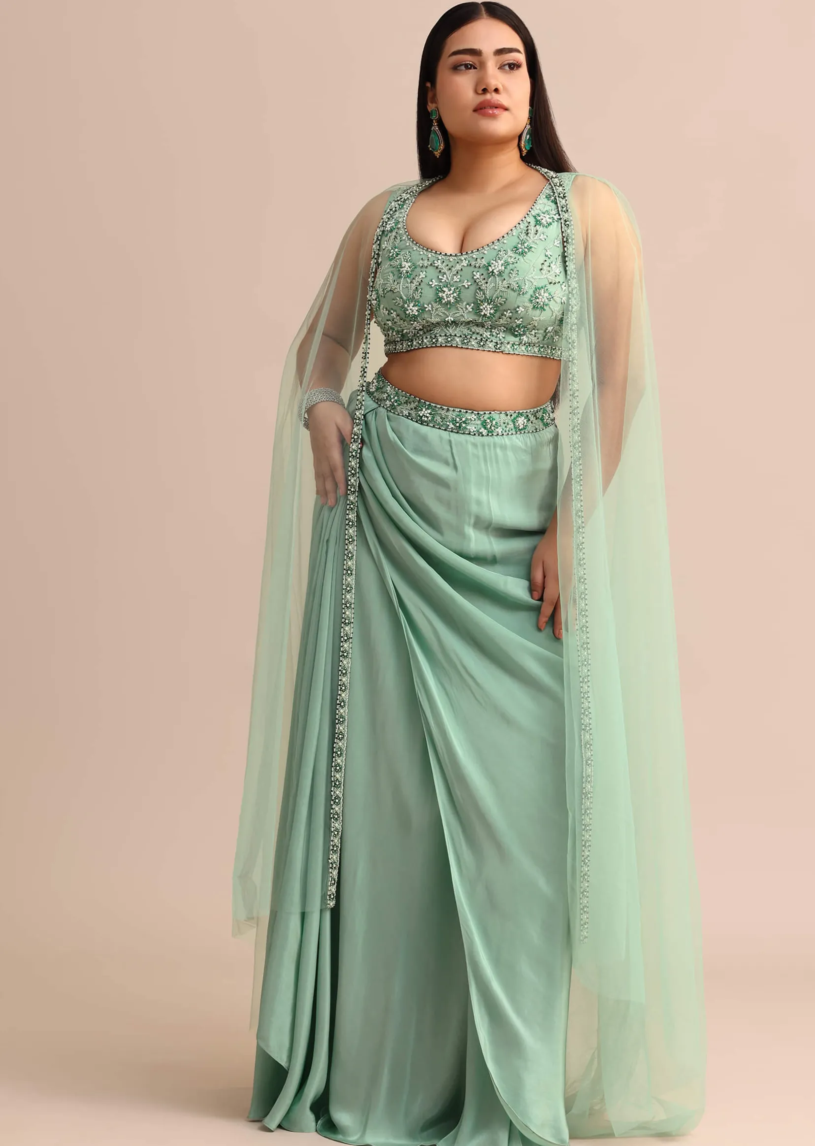 Light Aqua Draped Skirt With Net Cape