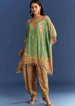 Light Aqua Green Cotton Muslin Kaftaan With Printed Dhoti