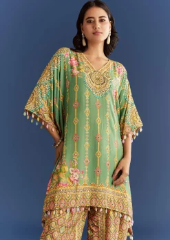 Light Aqua Green Cotton Muslin Kaftaan With Printed Dhoti