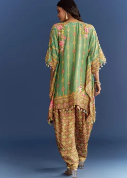 Light Aqua Green Cotton Muslin Kaftaan With Printed Dhoti