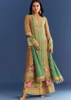Light Aqua Green Cotton Muslin Kurta Dupatta With Printed Palazzo