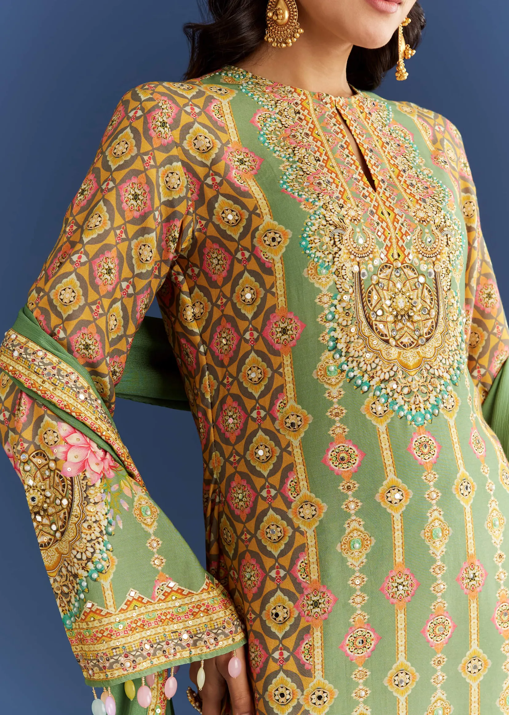 Light Aqua Green Cotton Muslin Kurta Dupatta With Printed Palazzo
