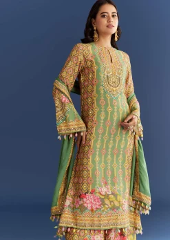 Light Aqua Green Cotton Muslin Kurta Dupatta With Printed Palazzo