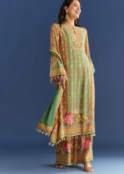 Light Aqua Green Cotton Muslin Kurta Dupatta With Printed Palazzo